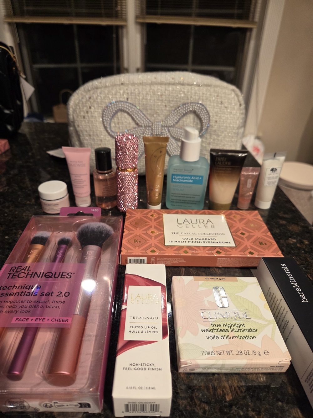Bag Of Beauty Products With Beautiful Pearl Bow Cosmetic Bag